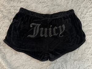 Juicy Couture Black Velour Rhinestone Logo Sleep Shorts L Y2K Cozy Lounge